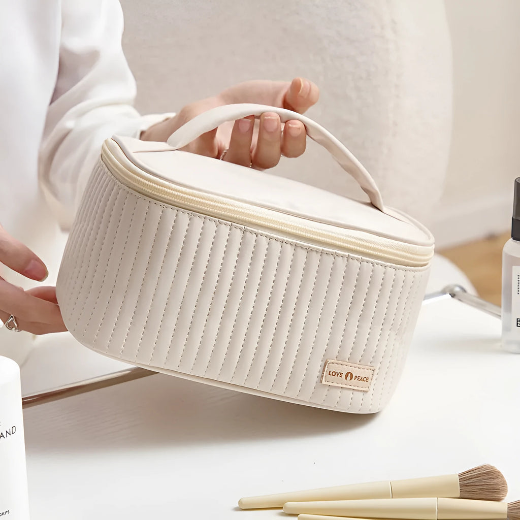 Open-top PU leather makeup bag in a choice of six solid colours: pink, coffee, beige, light blue, light green, light purple.
