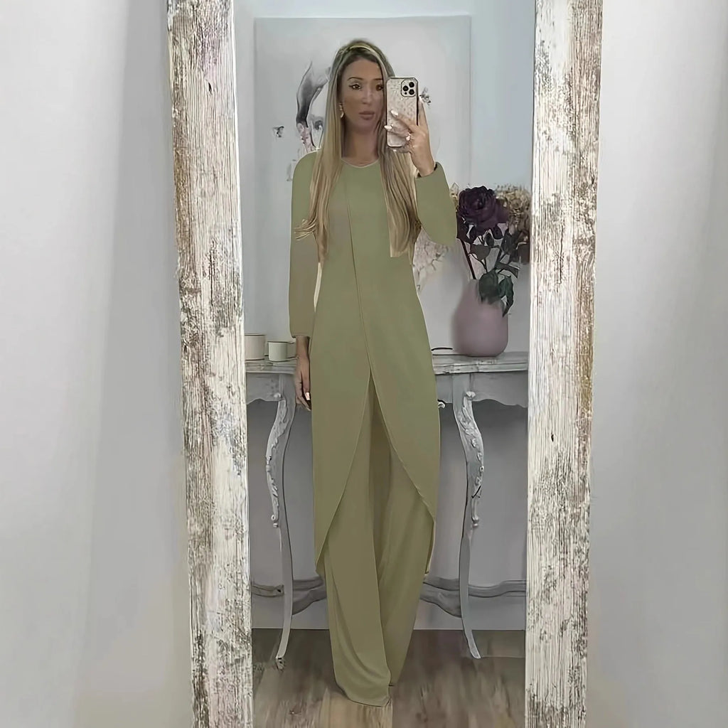 Loose fit casual two-piece lounge set in black, blue or khaki with long sleeves and matching trousers