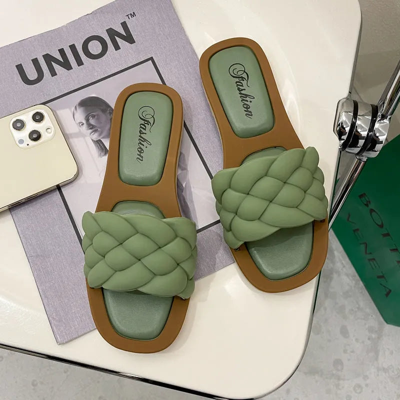 Women's plaid pattern PVC sandals with thick non-slip sole in black, on a white background.