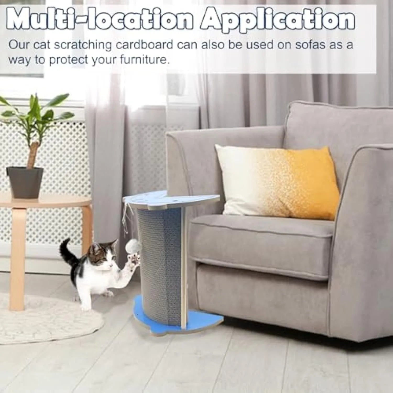 Cardboard corner scratching pad for cats on a wall with hanging ball and catnip.