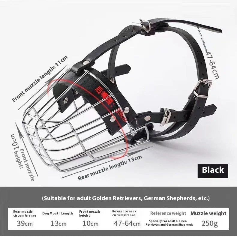 Black metal mesh basket dog muzzle for golden retriever or German shepherd with adjustable straps.