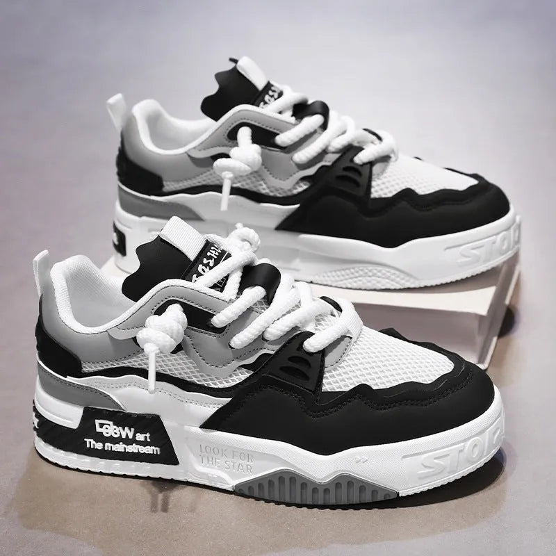 Men's soft bottom board shoes in three colour options: beige, white and black, white and yellow