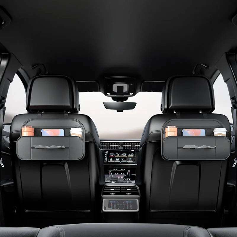 Black leather car seat back storage bag showing box design and dimensions.