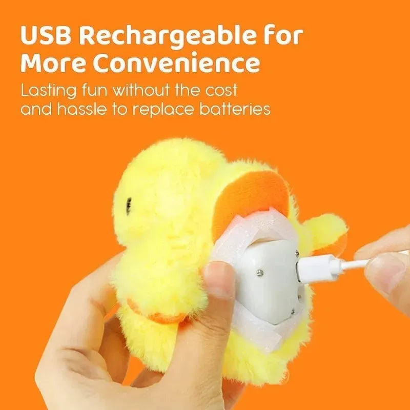 Yellow chick-shaped rechargeable cat plush toy with a removable cover and USB cable.