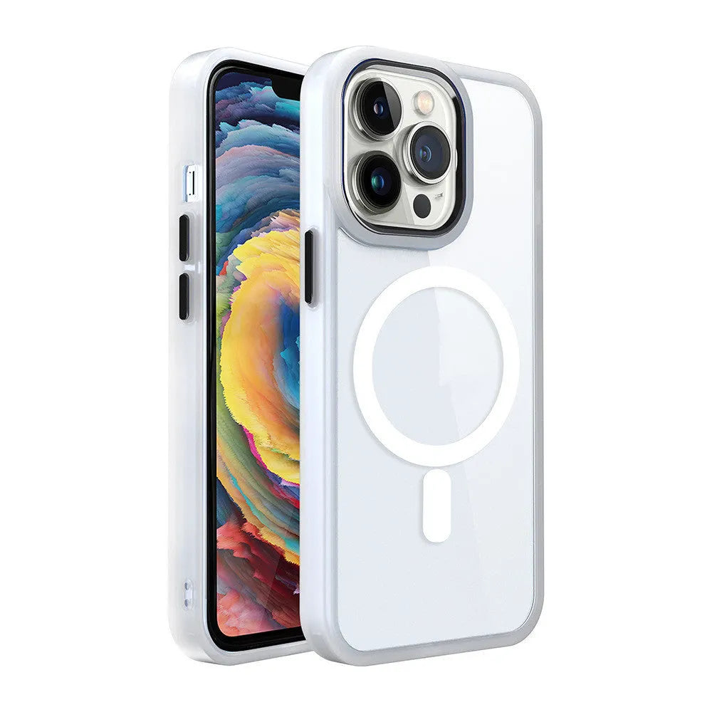 Transparent magnetic silicone phone case for iPhone in solid colour options including green, red, and blue.