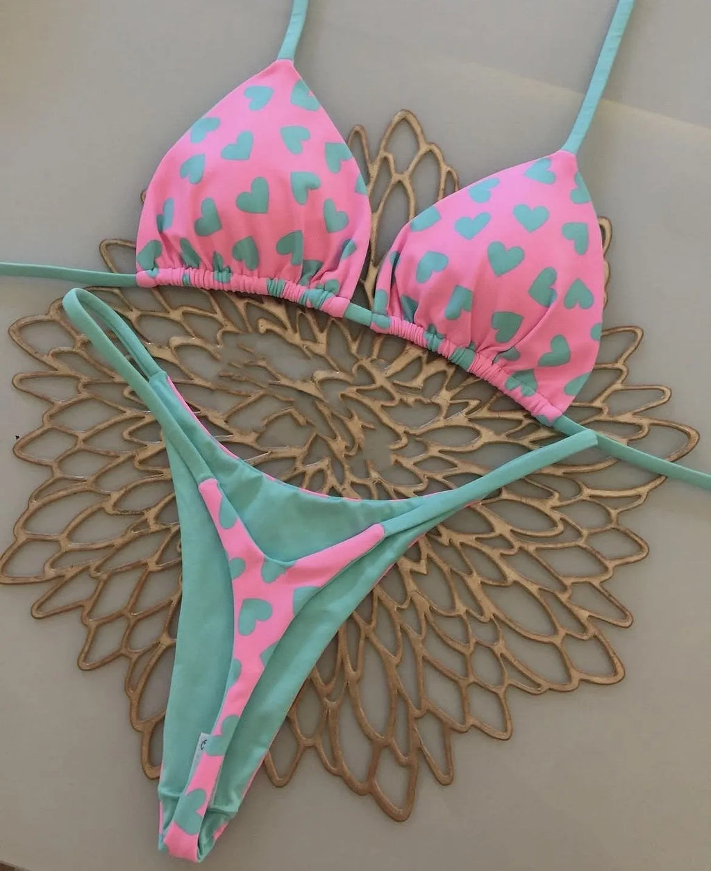 Women's heart print backless swimsuit with split design in brief style