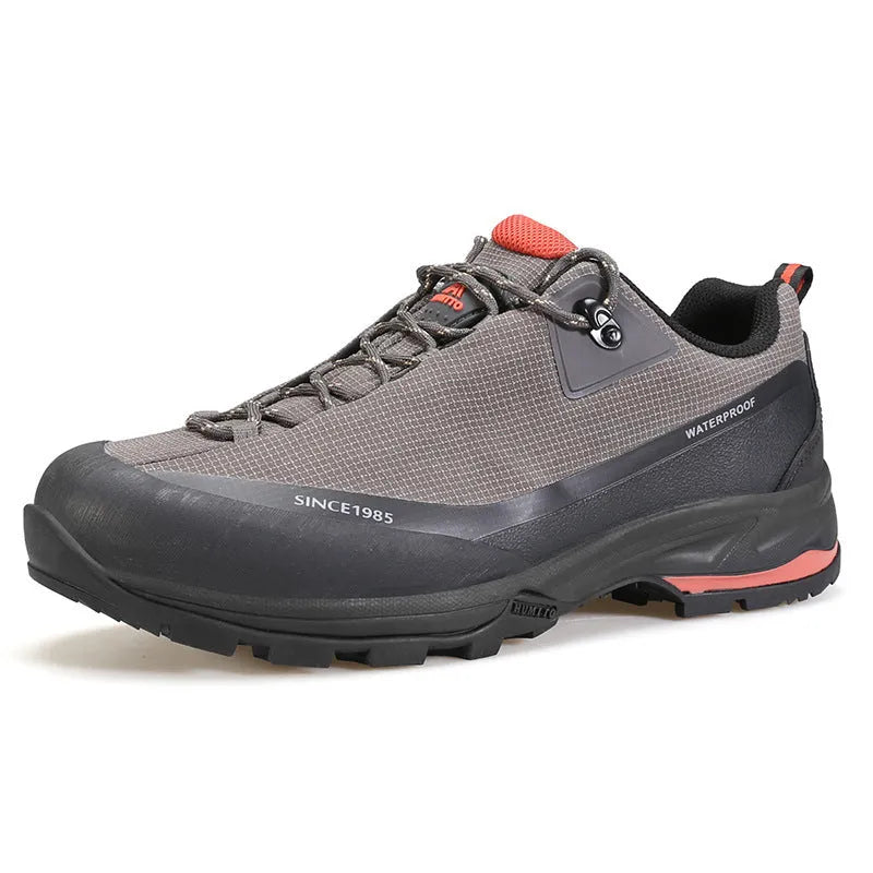 Men's low-top hiking boots in black with a leather mesh upper and rugged rubber outsole.