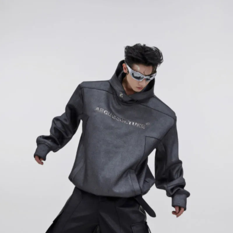 Men's loose-fit hooded sweater with heavy shoulder pads and metallic 3D printing design in red