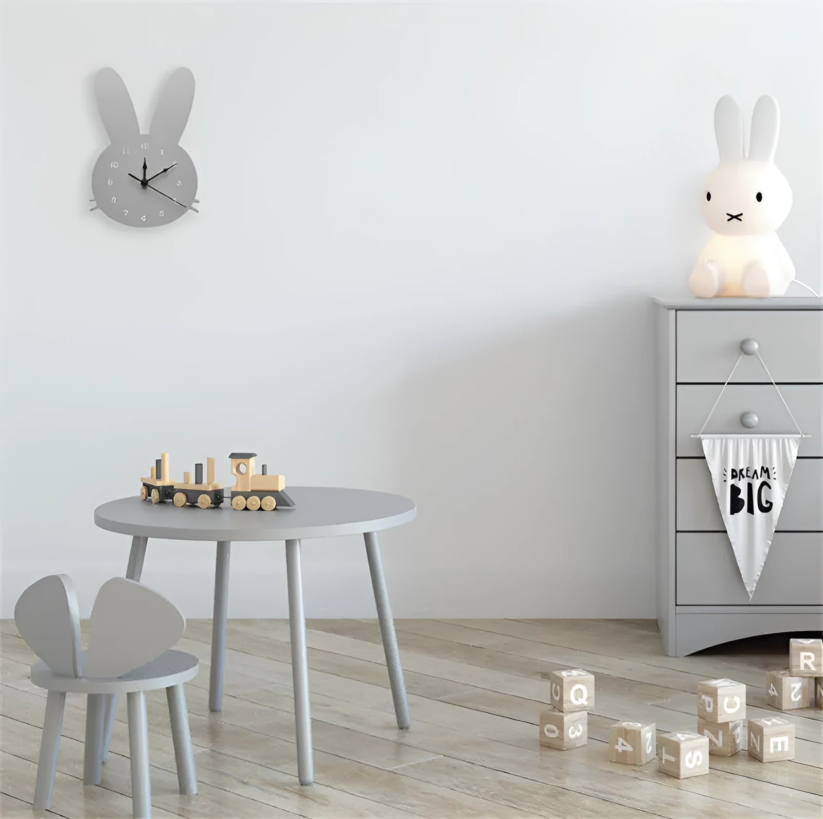 Wooden cartoon wall clock in European alien shape with character designs like rabbit crown and cloud in various colours