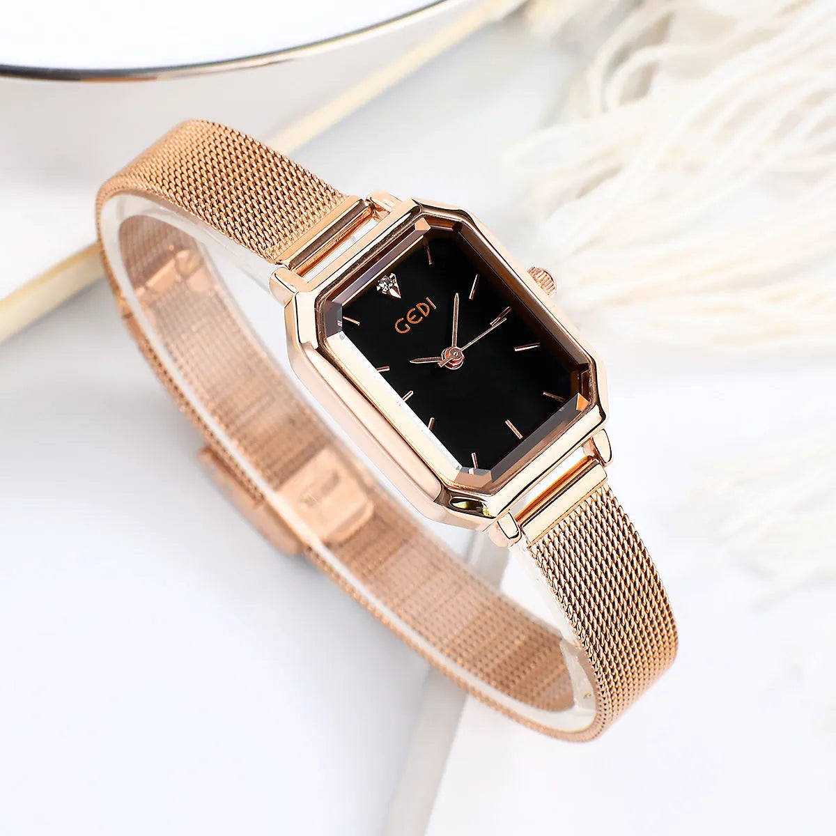 Women's square retro casual watch with rose gold case in six colour variations