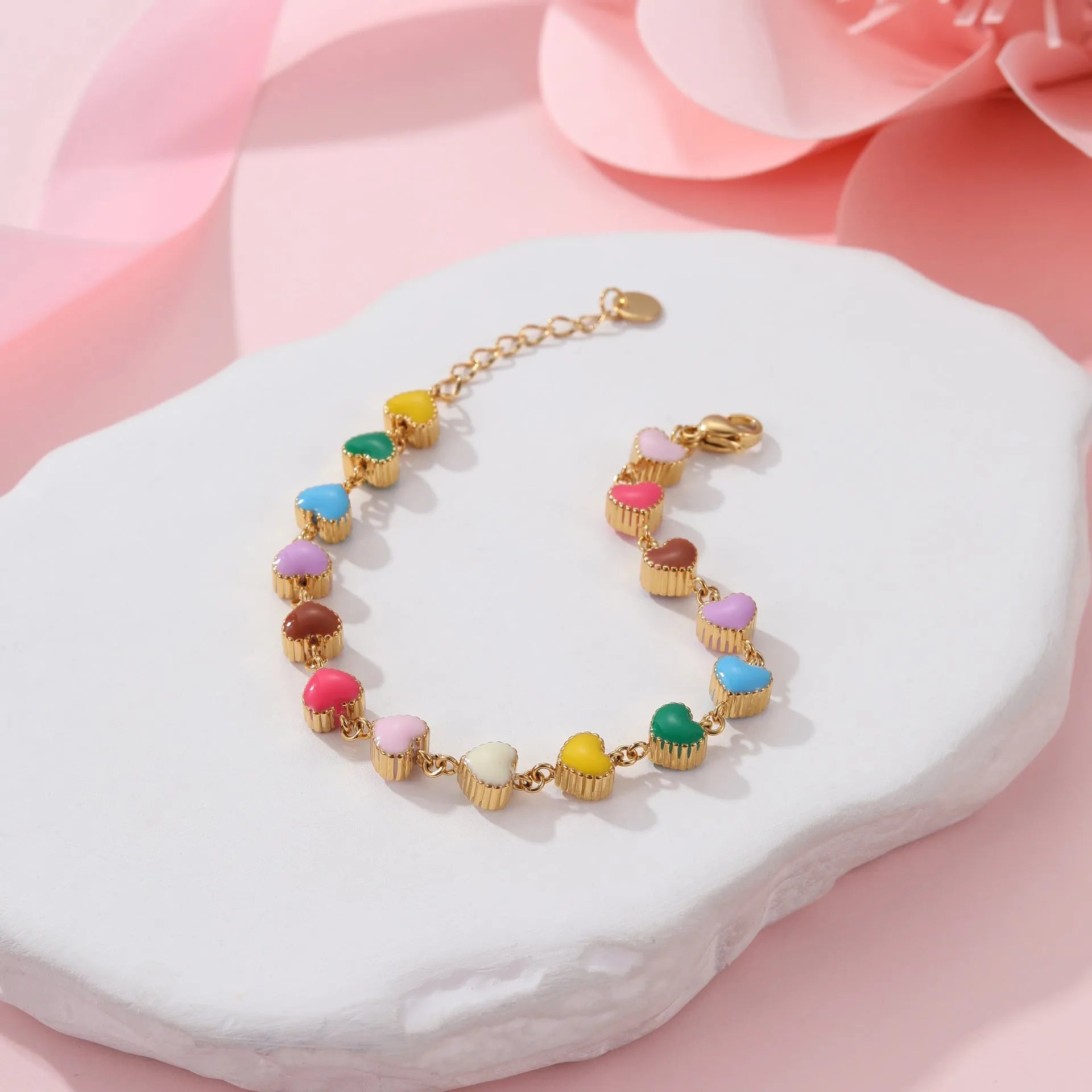 Love heart-shaped stainless steel bracelet with colourful oil titanium electroplated finish in gold colour
