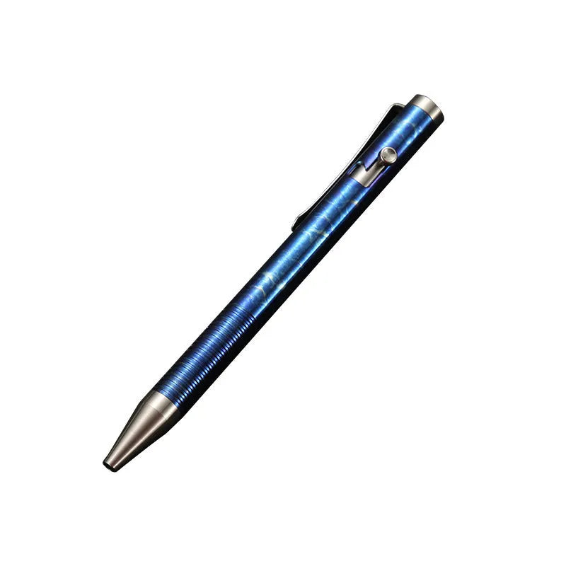 Titanium alloy ballpoint pen with gun bolt handle mechanism showing phantom colour finish variations