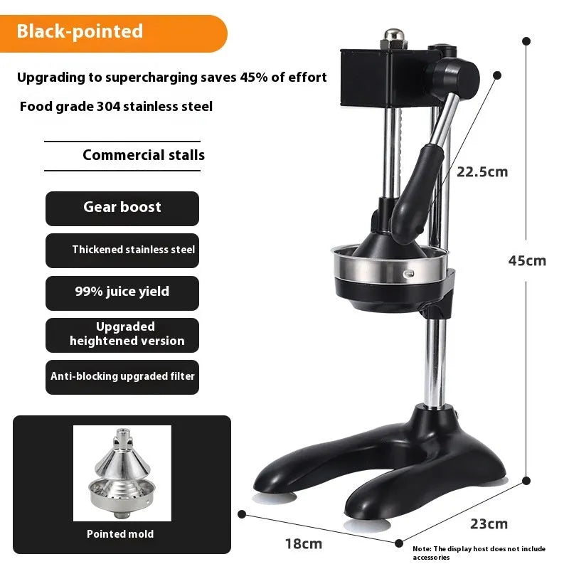 Stainless steel manual vertical juicer on a countertop, showing options for black, silver, orange, white, and electroplated finishes with pointed, flat, and double head tips.
