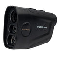 Golf laser rangefinder with LCD display showing distance measurement and flag lock indicator