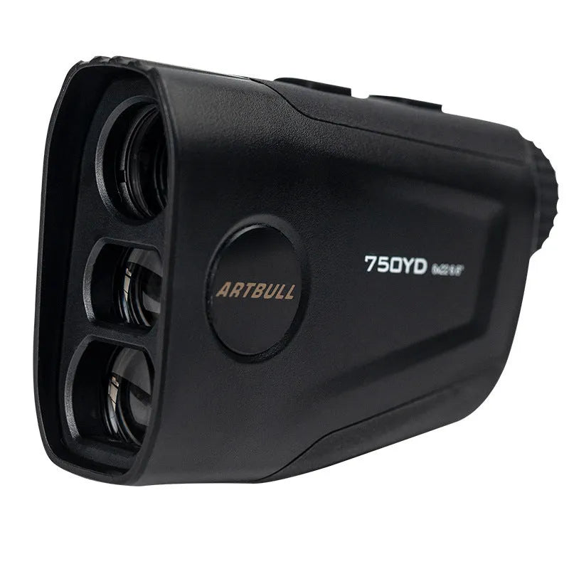 Golf laser rangefinder with LCD display showing distance measurement and flag lock indicator