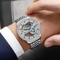 Men's rose gold stainless steel mechanical watch with transparent case back on wrist