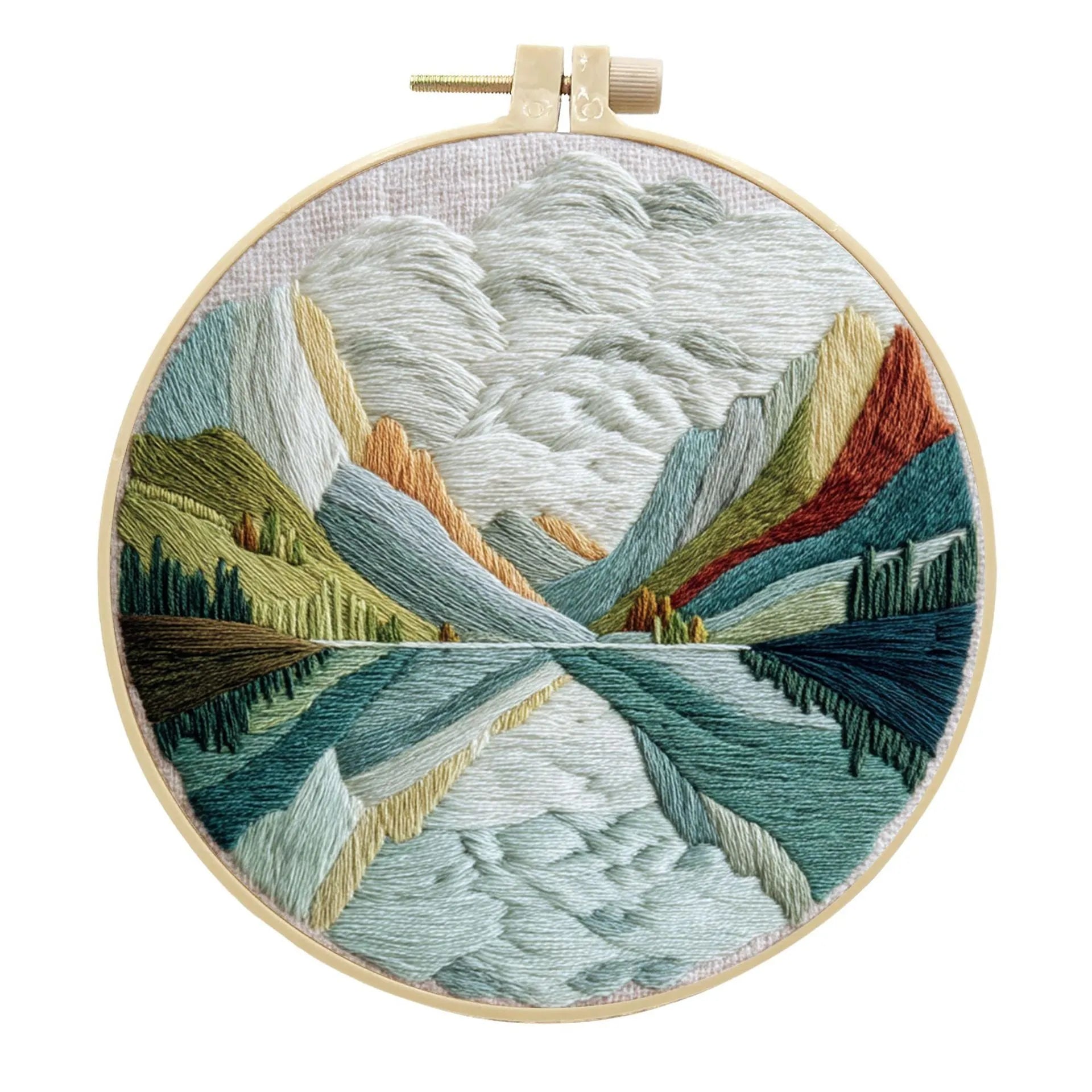 Embroidery kit with cotton fabric, bamboo frame, threads, and printed landscape design for DIY textile art