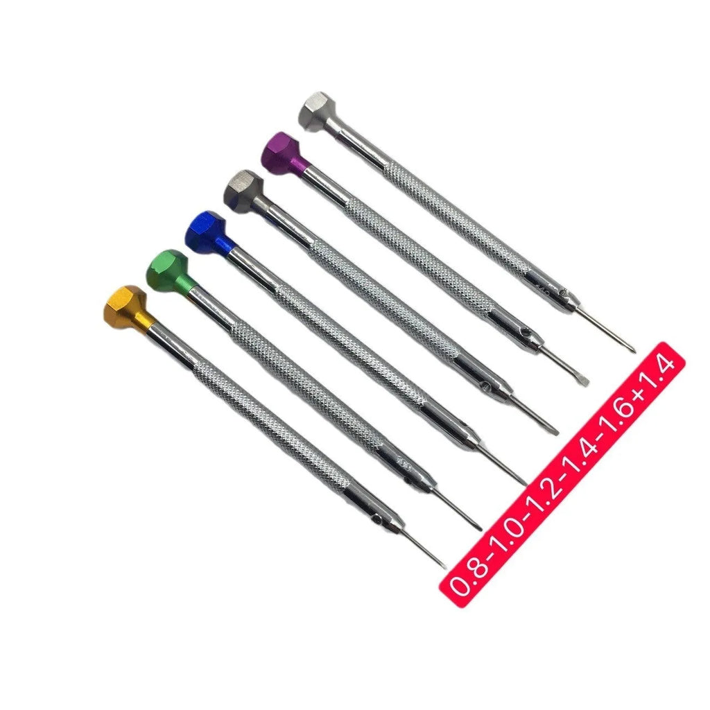 6-piece colour-coded watch repair screwdriver set with aluminium handles for meter and children's watch maintenance.