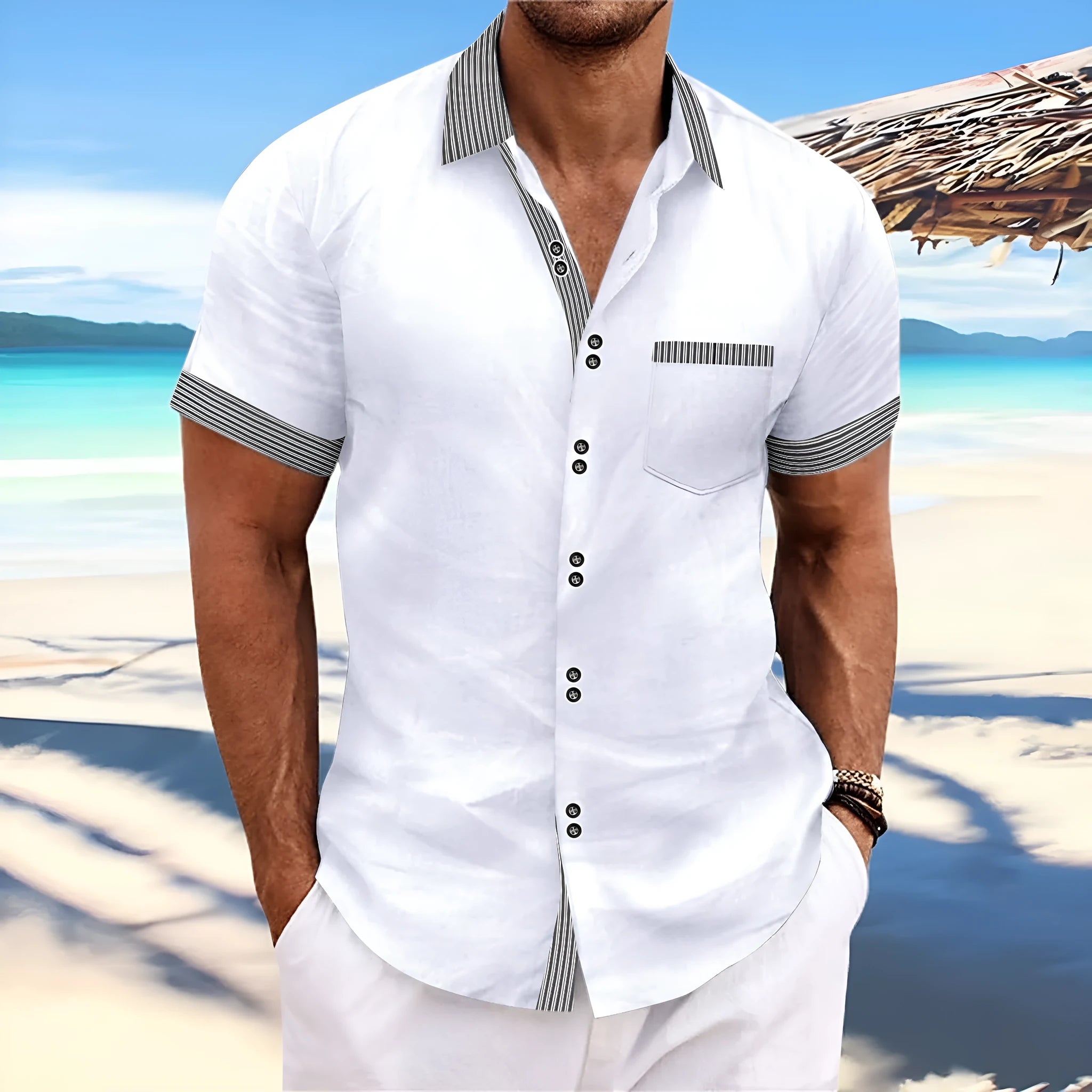 Man wearing a slim fit striped short sleeve cotton shirt with a double button front closure.