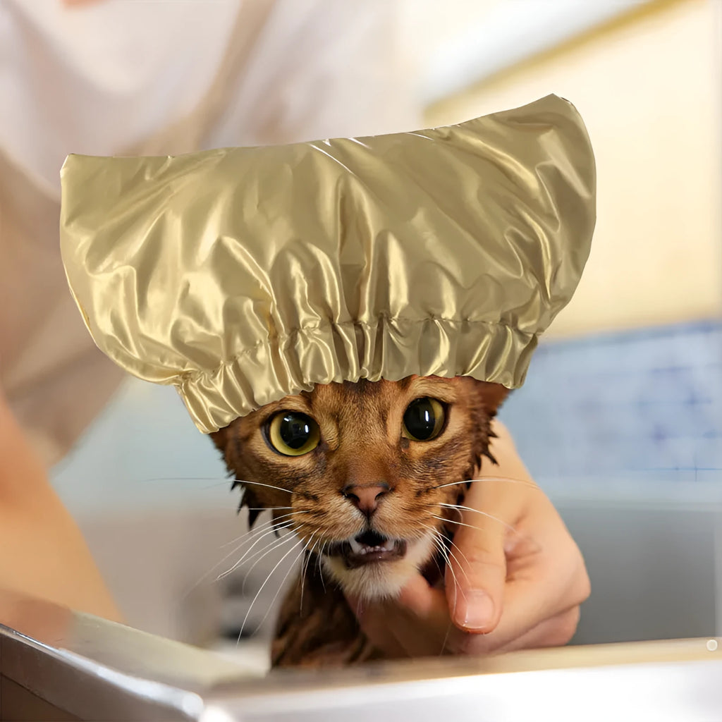 Pet shower cap for cats and dogs in gold, pink or silver with adjustable ear protection