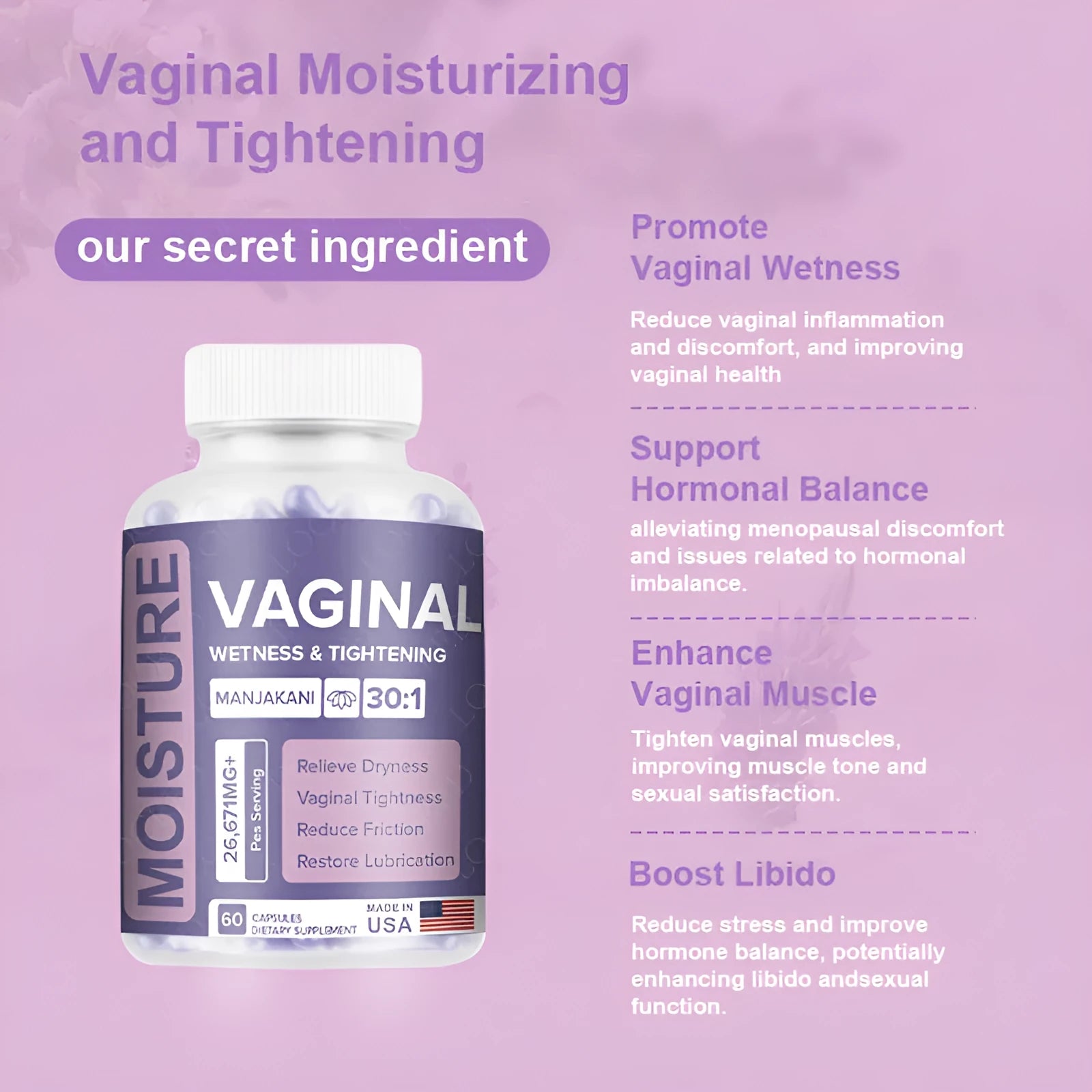Bottle of 60 vaginal capsule dietary supplements for adult women