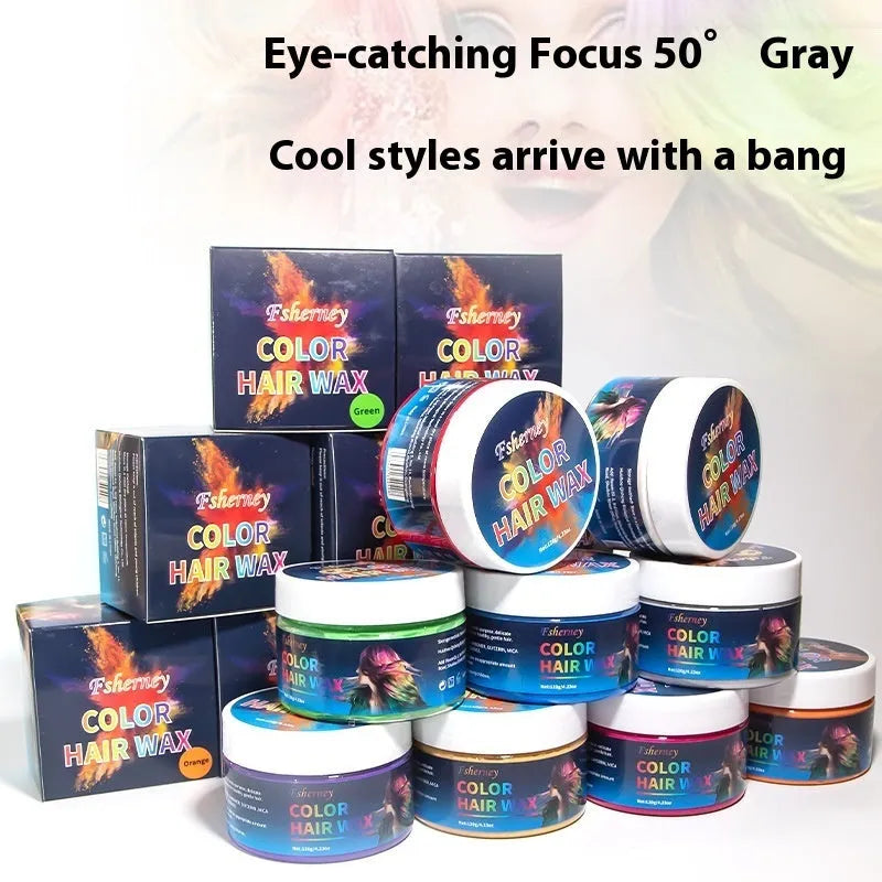 120g pot of hair styling clay in various colours including blue, red, grey, and yellow