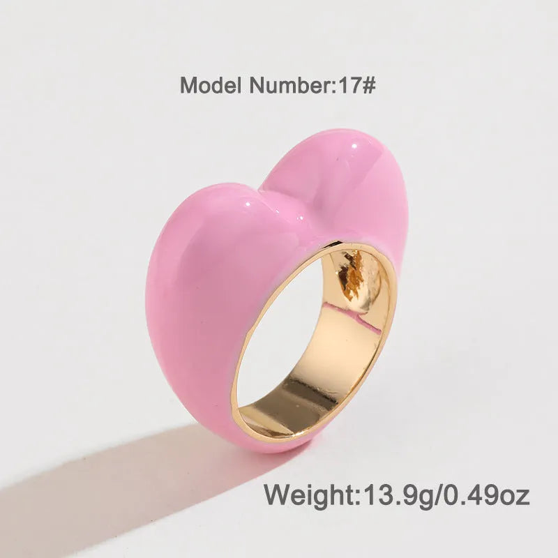 Original design three-dimensional enamel heart ring in zinc alloy showing colour options