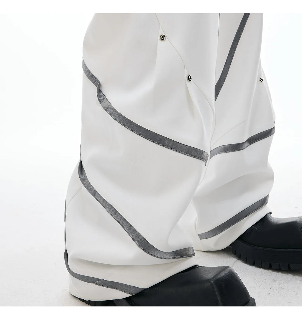 Men's trousers with three-dimensional cutting and metal striped rivet pleats in polyester fabric