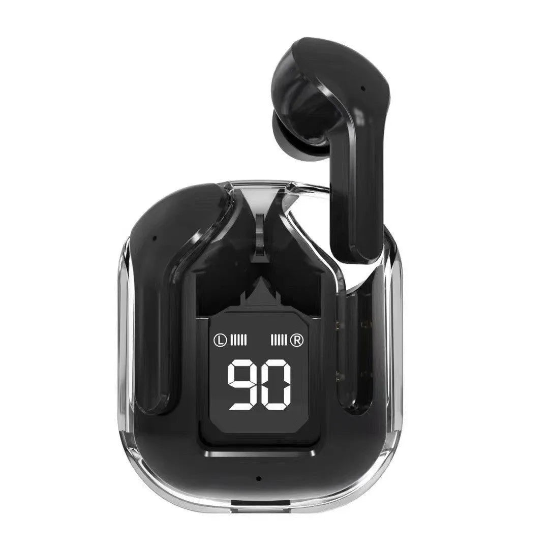 Transparent space capsule true wireless Bluetooth headset with digital display and plastic case in various colours