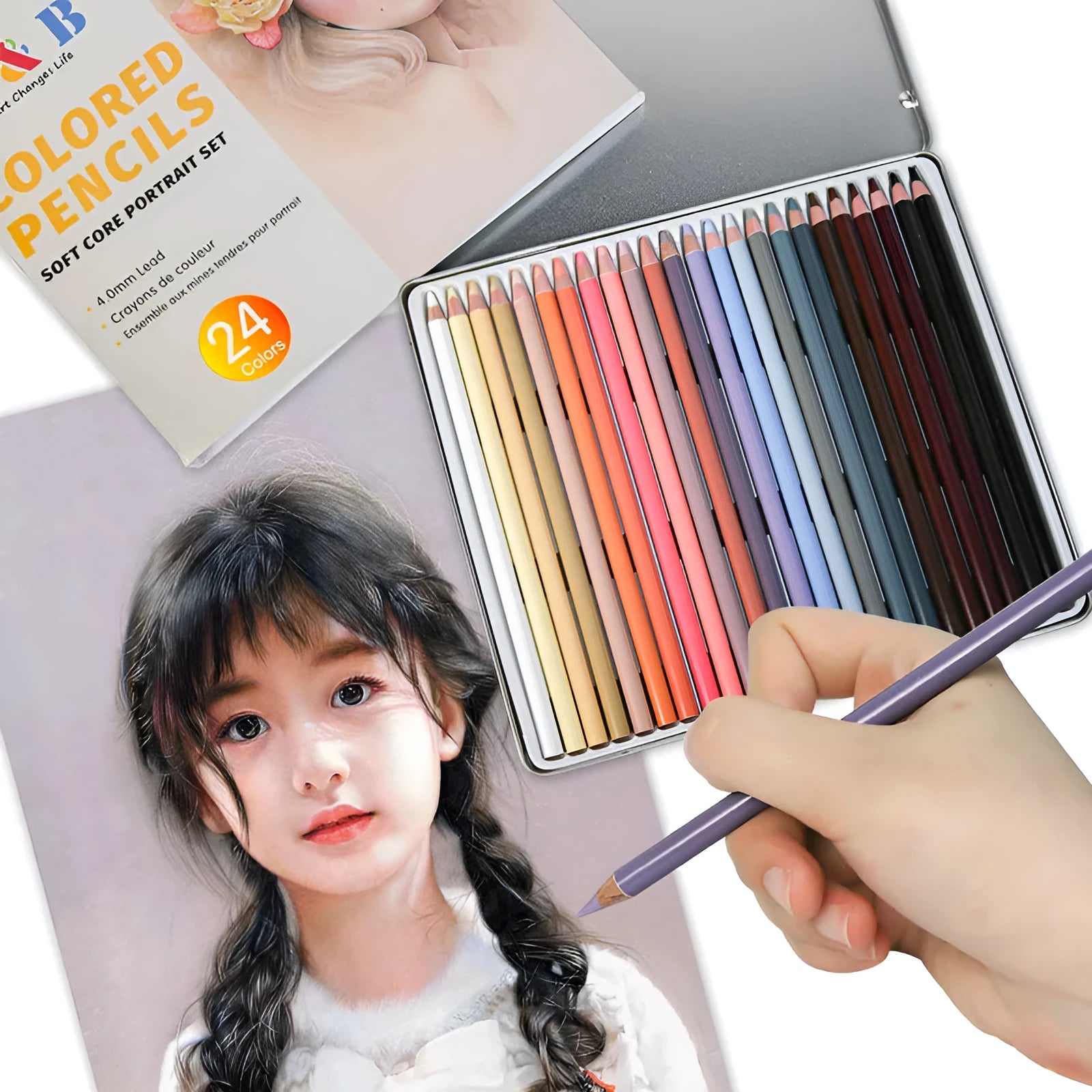 24-colour skin tone pencil set in iron tin with brush pot for portrait drawing
