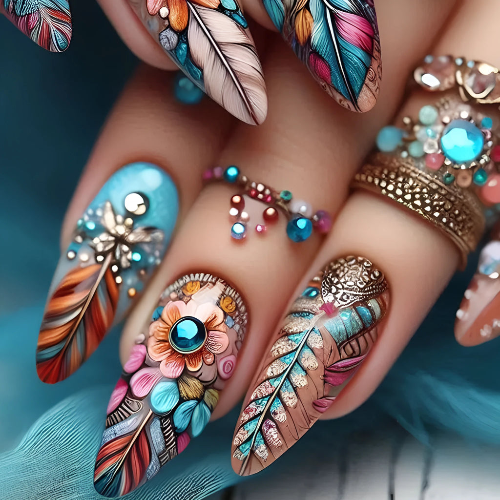 Retro style colourful feather armour nail art set with plastic cartoon, flower, and love heart decorations.