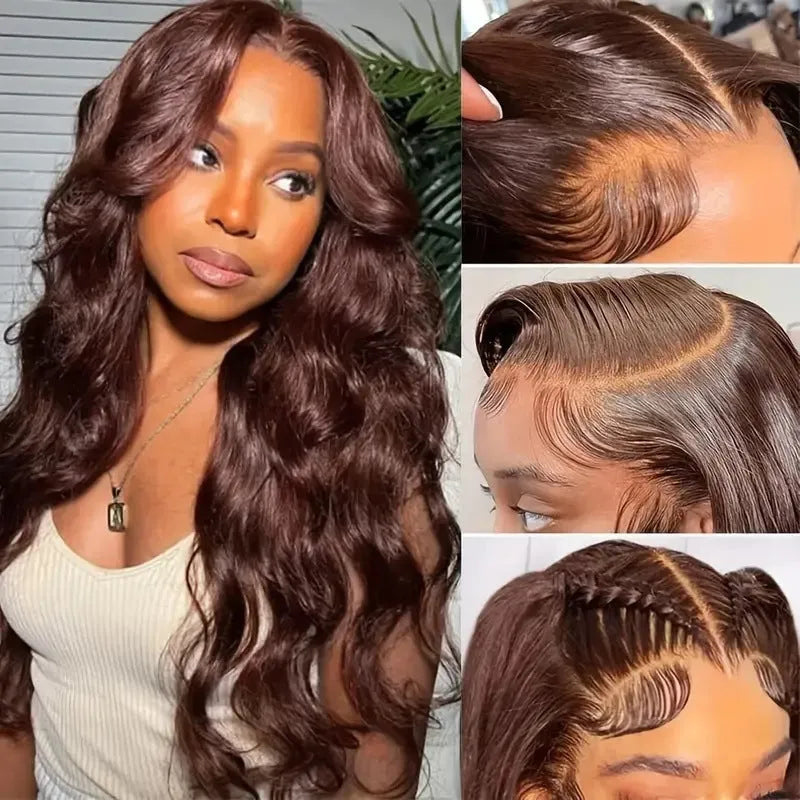 Dark brown long curly front lace wig with side bangs on a model.
