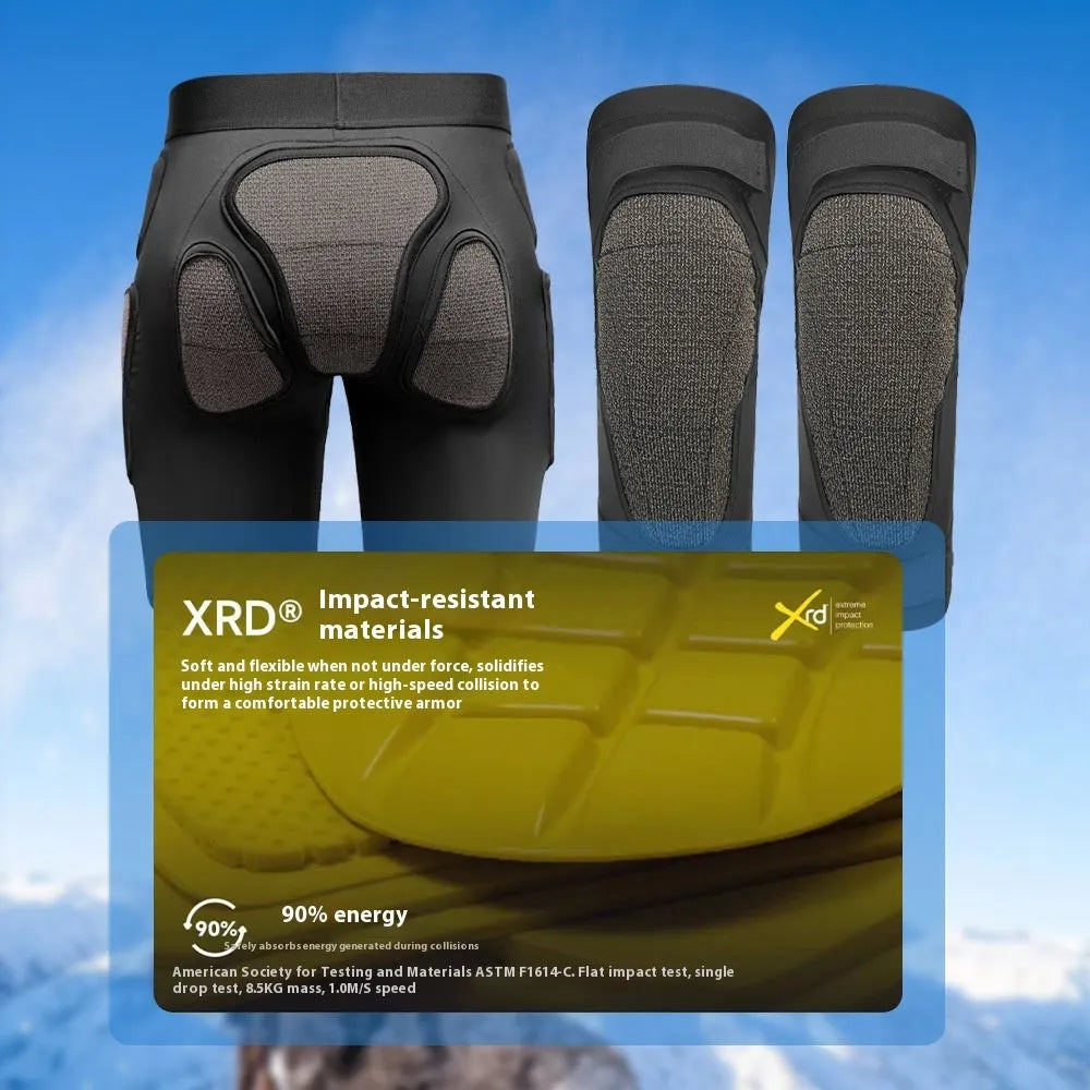 X-ray diffraction skiing protective gear set showing hip pads and knee pads for multi-sport safety.