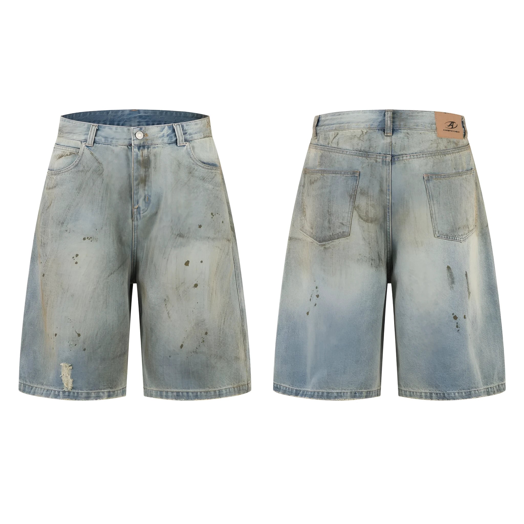 Cropped blue denim jeans with straight-leg design and zip fly on street fashion model