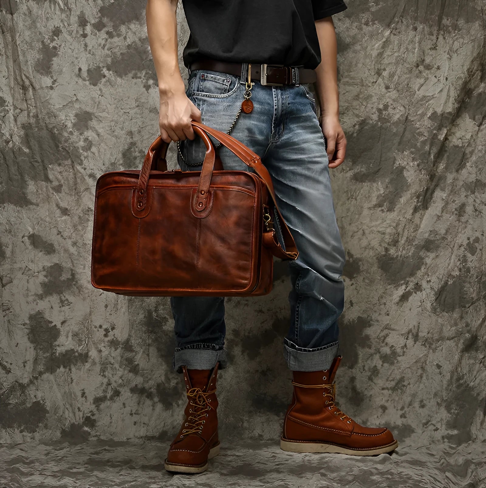 Large brown leather men's briefcase showing multiple internal compartments and organisation pockets