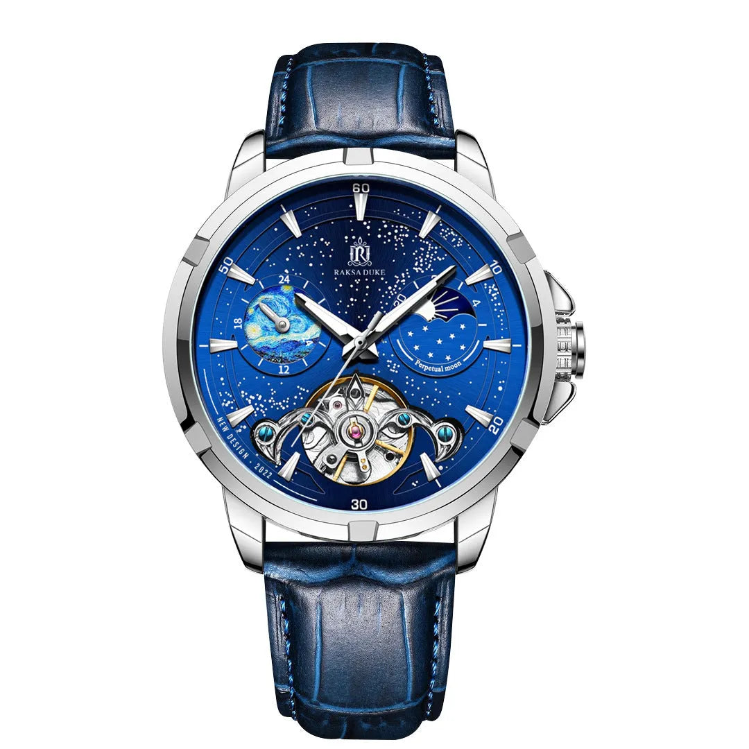 Men's blue dial automatic mechanical watch with stainless steel case showing transparent back revealing movement