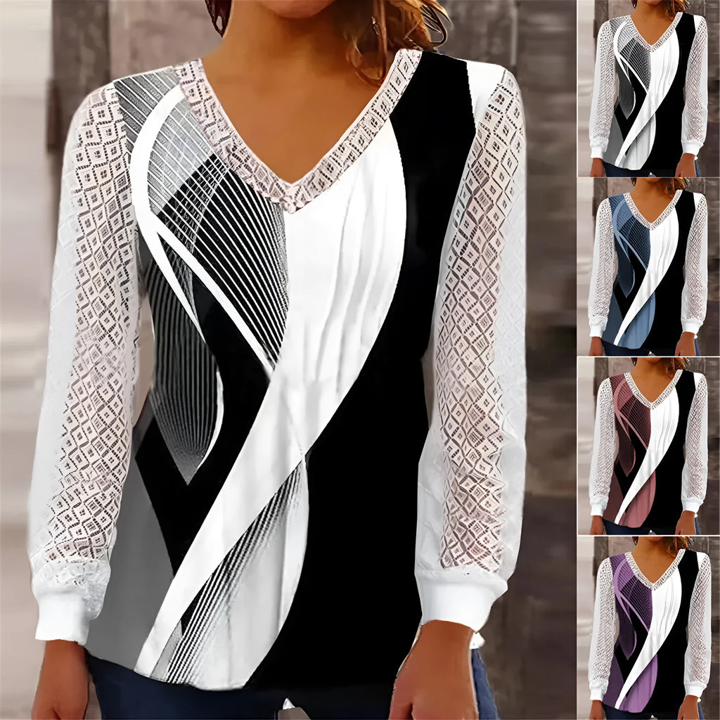 Purple v-neck loose lace top with hollow-out pattern and long sleeves on hanger