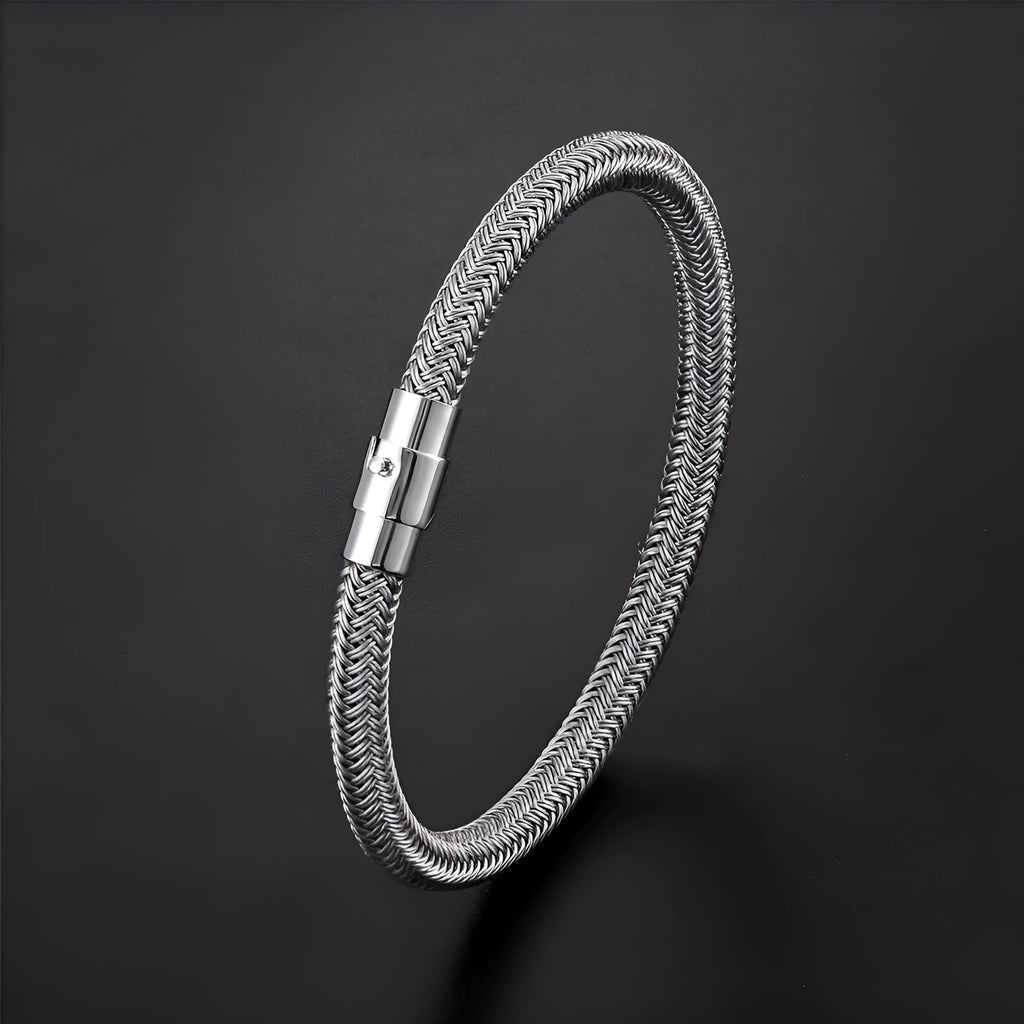 Titanium steel wire bracelet with magnetic clasp and geometric charm in unisex boyfriend style