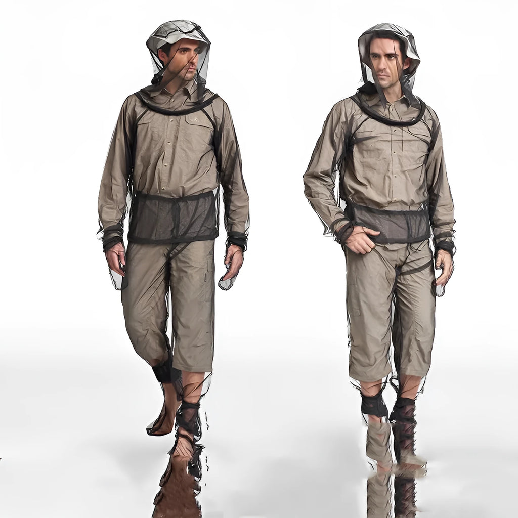 Four-piece anti-mosquito canopy suit set including hooded jacket, trousers and booties for outdoor activities