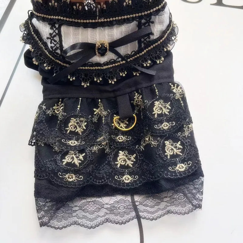 Golden gothic princess skirt costume for small cat or dog with detailed sizing information