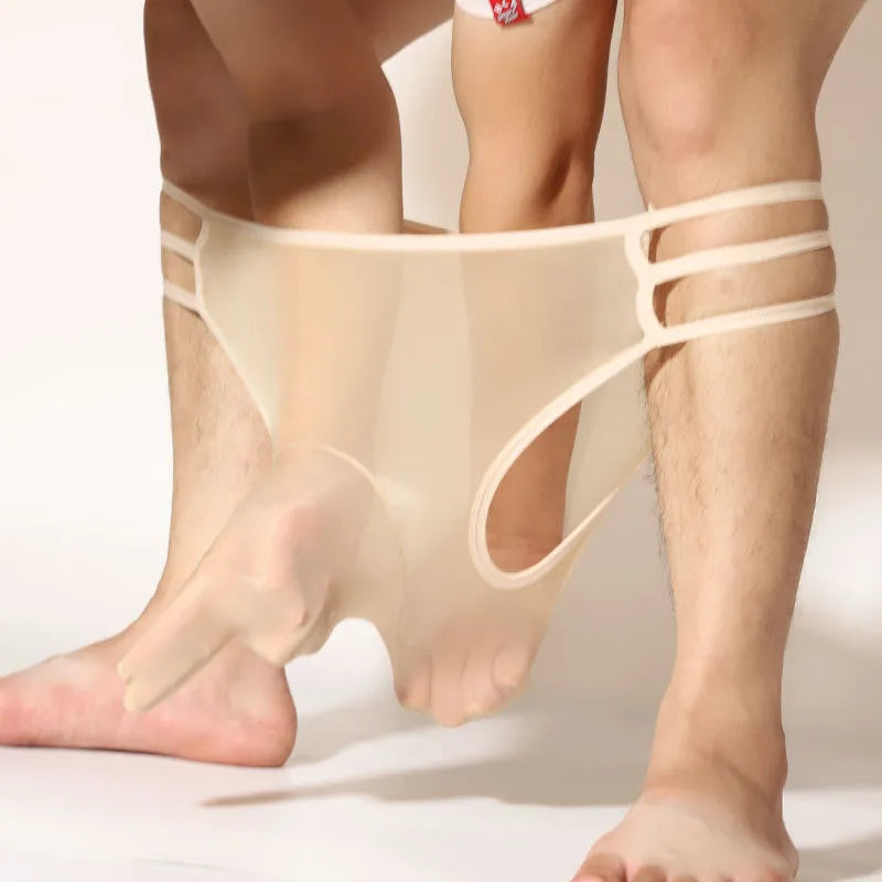 Men's transparent nylon elephant nose shorts in multiple colours on a mid-waist free-size model.