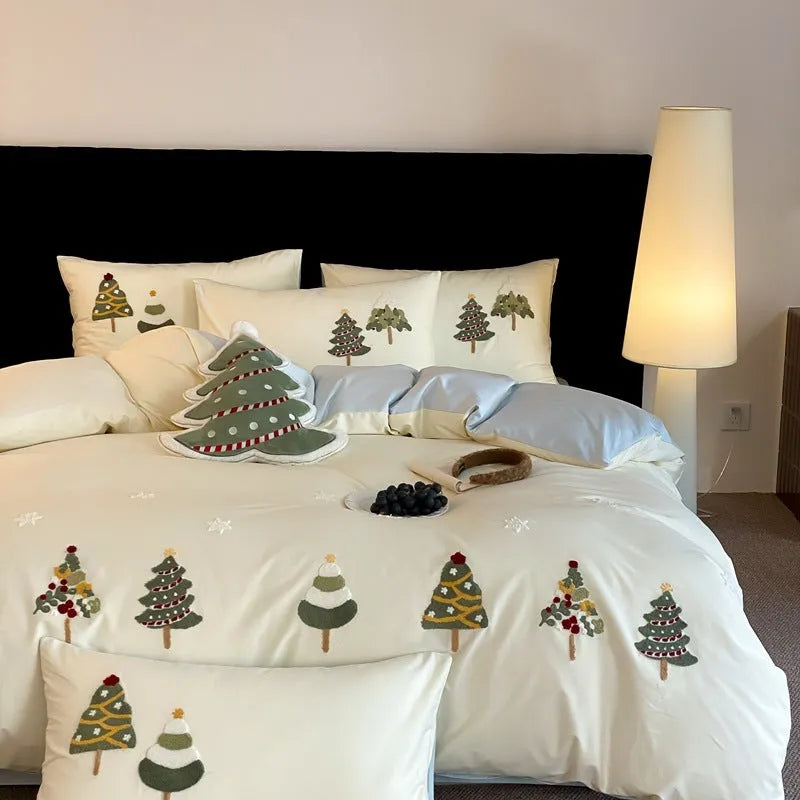 Cotton four-piece bedding set with embroidered Christmas tree towel design on duvet cover