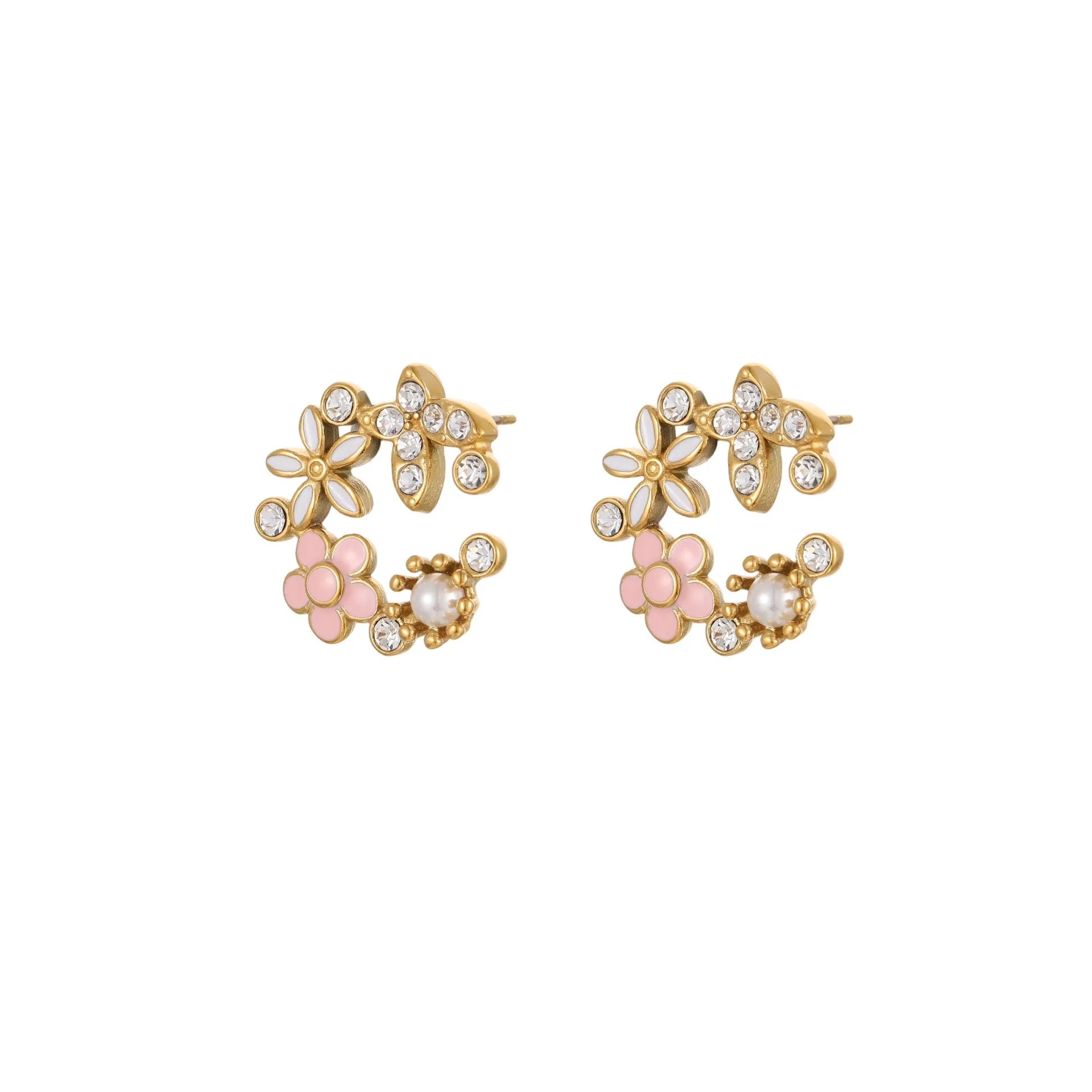 18K stainless steel flower petal stud earrings with electroplated diamond-colour finish