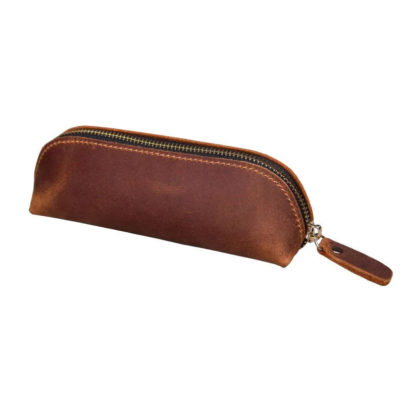 Handmade square leather pencil case with zipper in black, brown, dark brown, or yellow