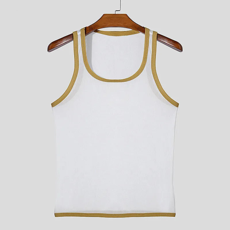 Men's white mesh fitness vest with straight hem design for sports and casual wear