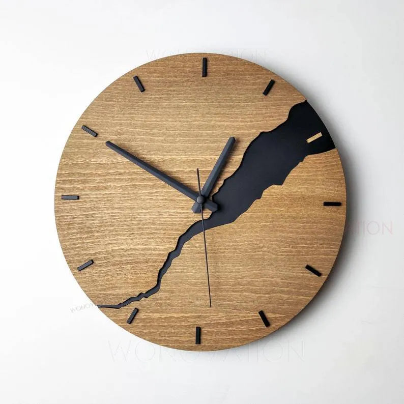Modern wooden wall clock with creative crack design showing silent sweep movement and 30cm diameter