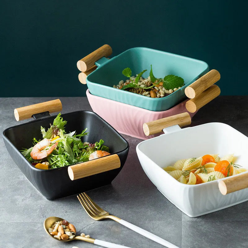 Irregular shaped porcelain serving bowl with lid in modern simple design