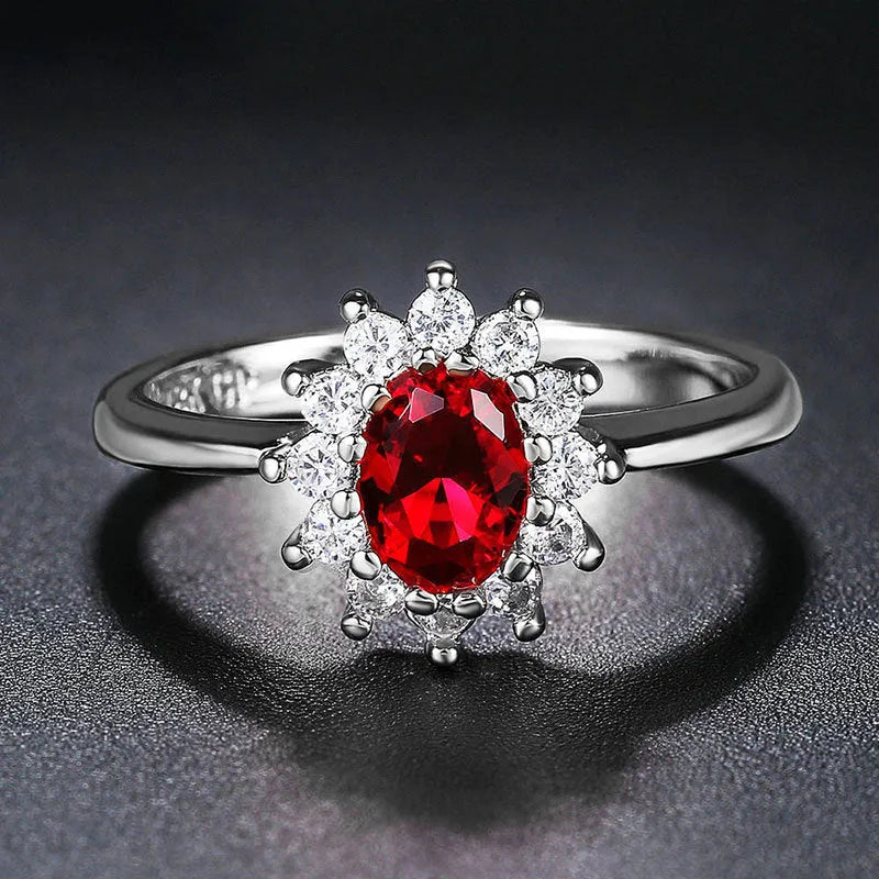 Blue moissanite women's copper ring with floral zirconium stone on a simple band, shown in three colour options.