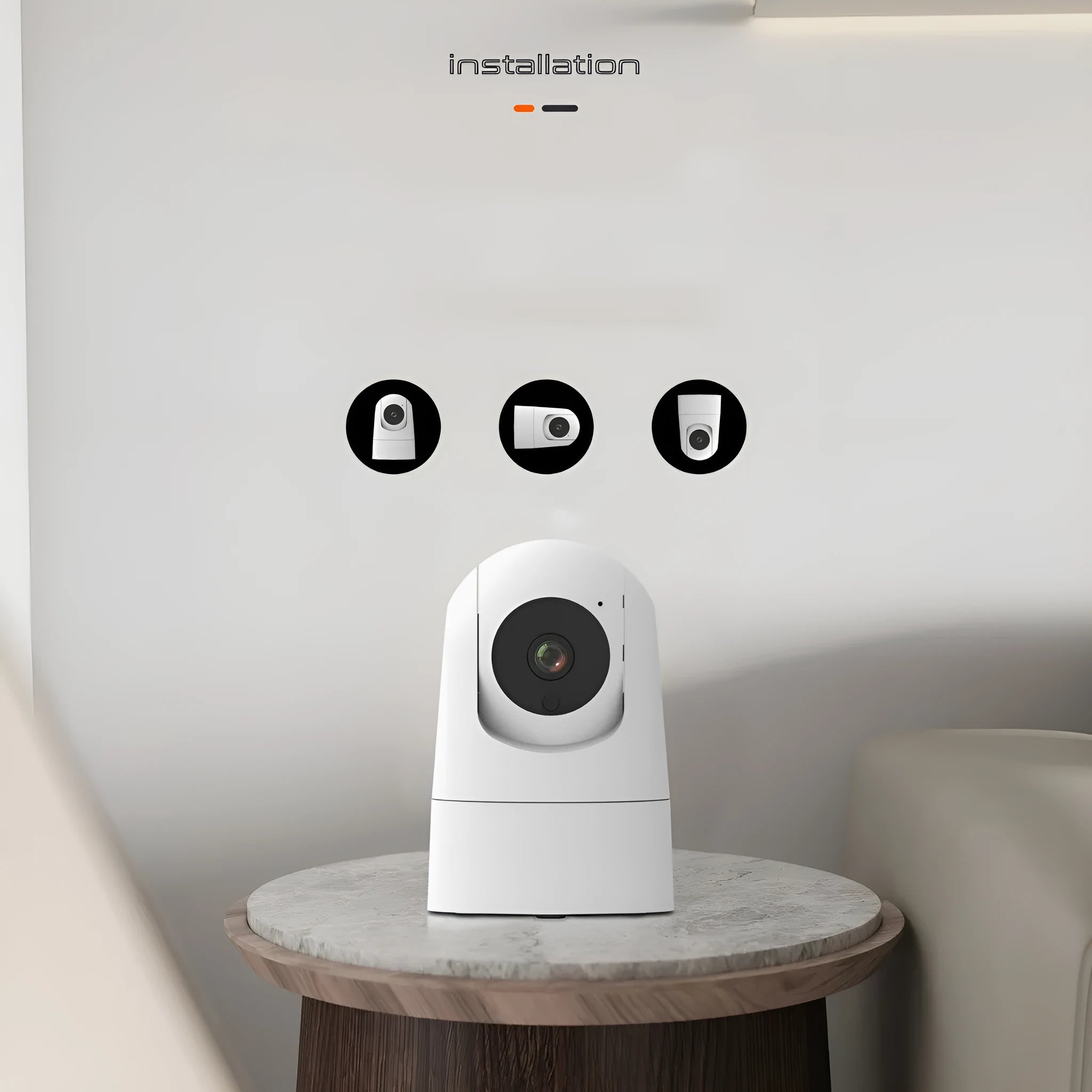 White indoor PTZ security camera with lens and mounting bracket on table