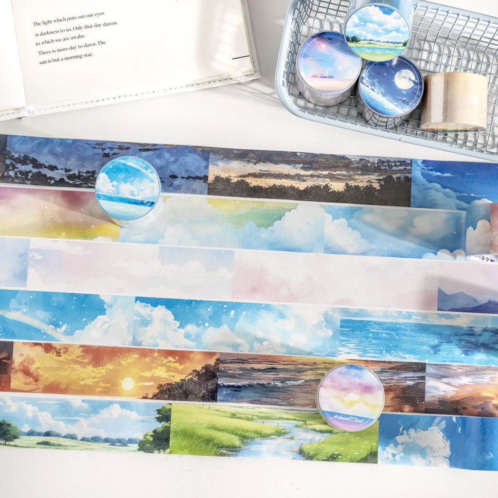 Japanese paper sky theme journal stickers tape roll showing colourful clouds design